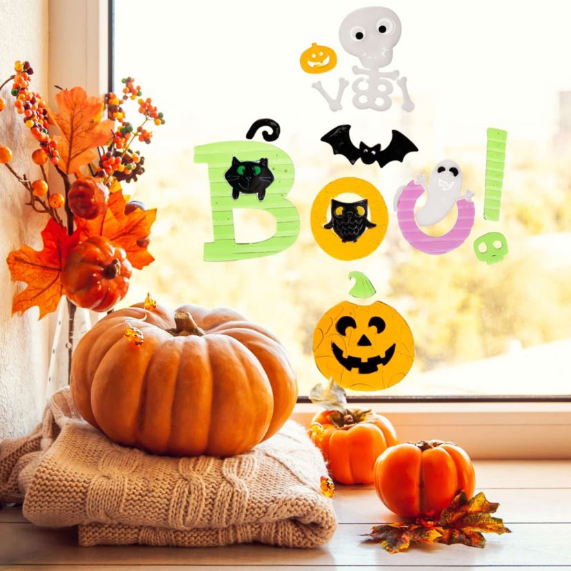 14-Piece Orange and Green "Boo!" Halloween Gel Window Clings
