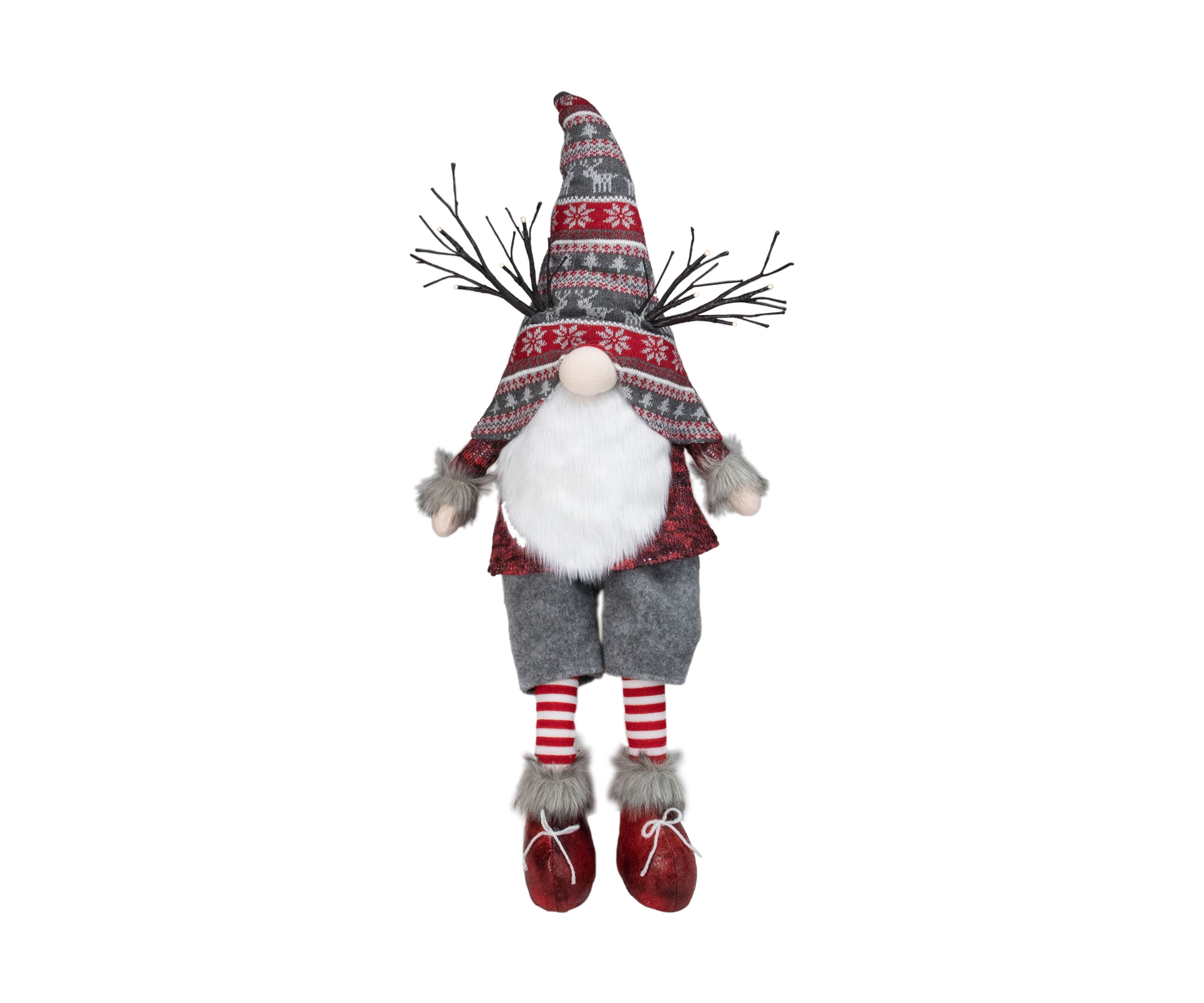 30Inch Gray and Red Christmas Gnome with LED Antlers and Dangling Legs