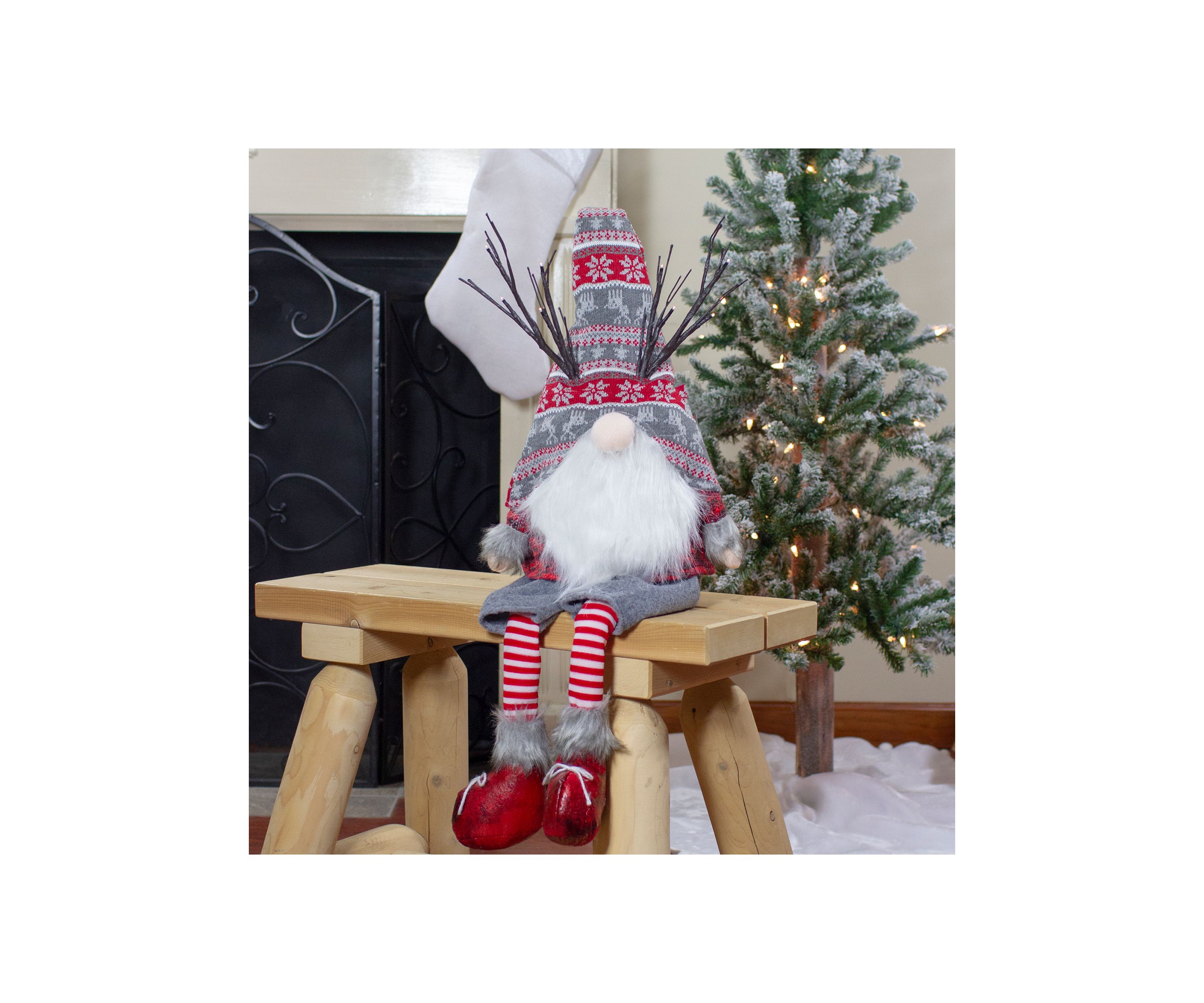 30Inch Gray and Red Christmas Gnome with LED Antlers and Dangling Legs