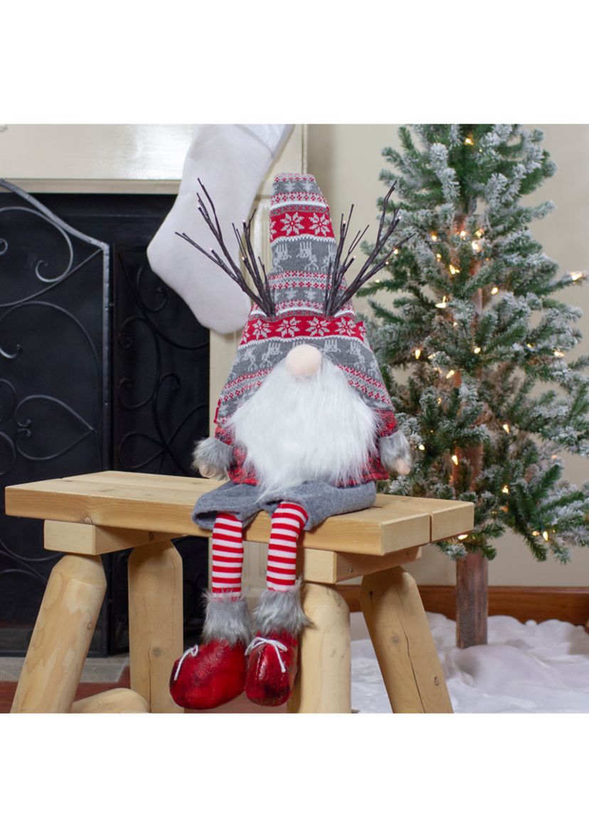 30Inch Gray and Red Christmas Gnome with LED Antlers and Dangling Legs