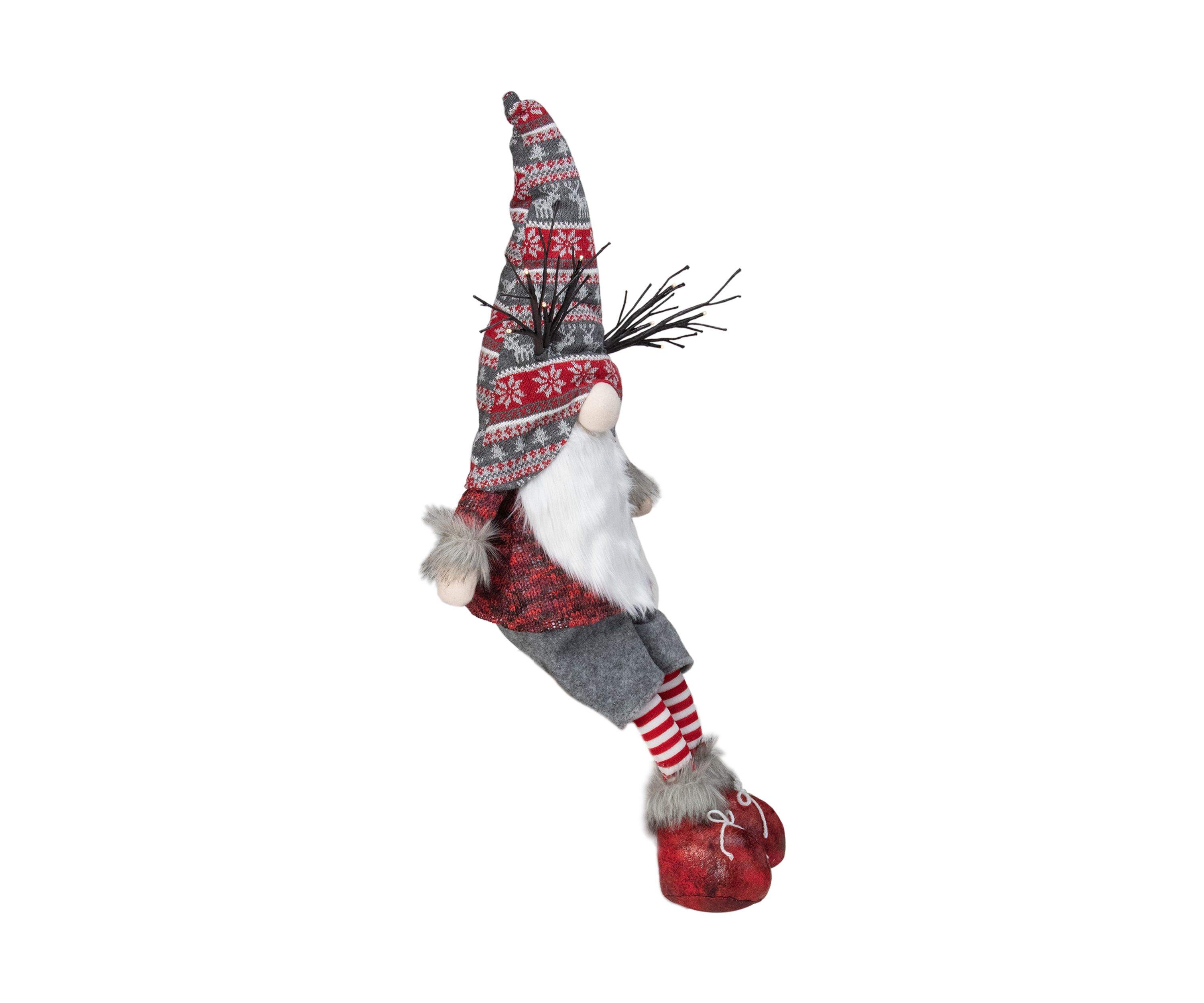30Inch Gray and Red Christmas Gnome with LED Antlers and Dangling Legs