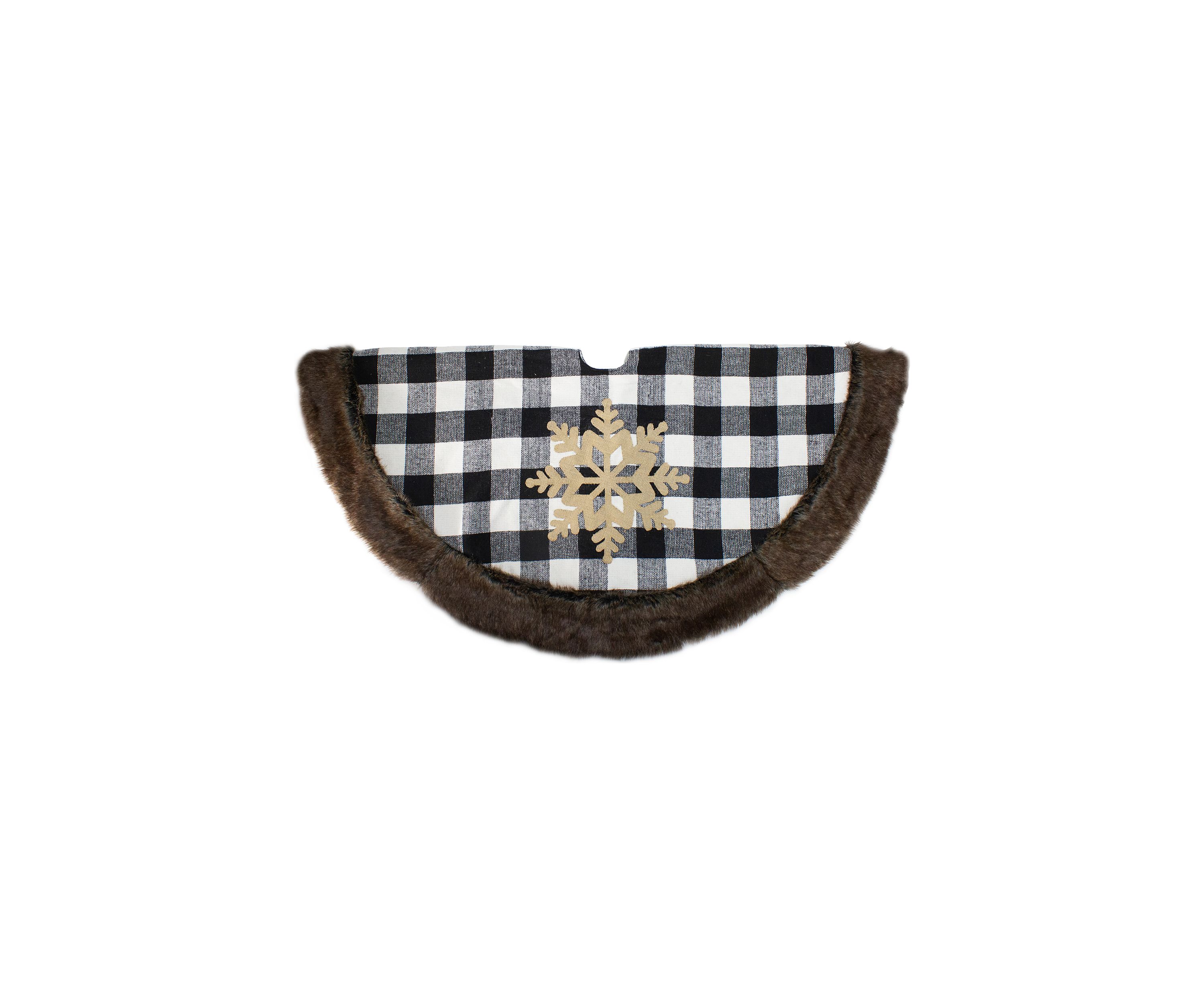 48Inch Black and White Buffalo Plaid Christmas Tree Skirt with Burlap Snowflake