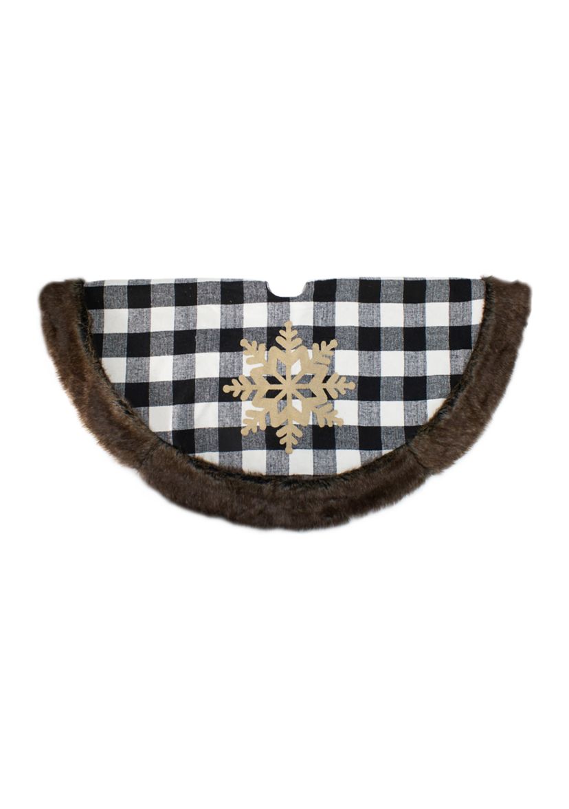 48Inch Black and White Buffalo Plaid Christmas Tree Skirt with Burlap Snowflake