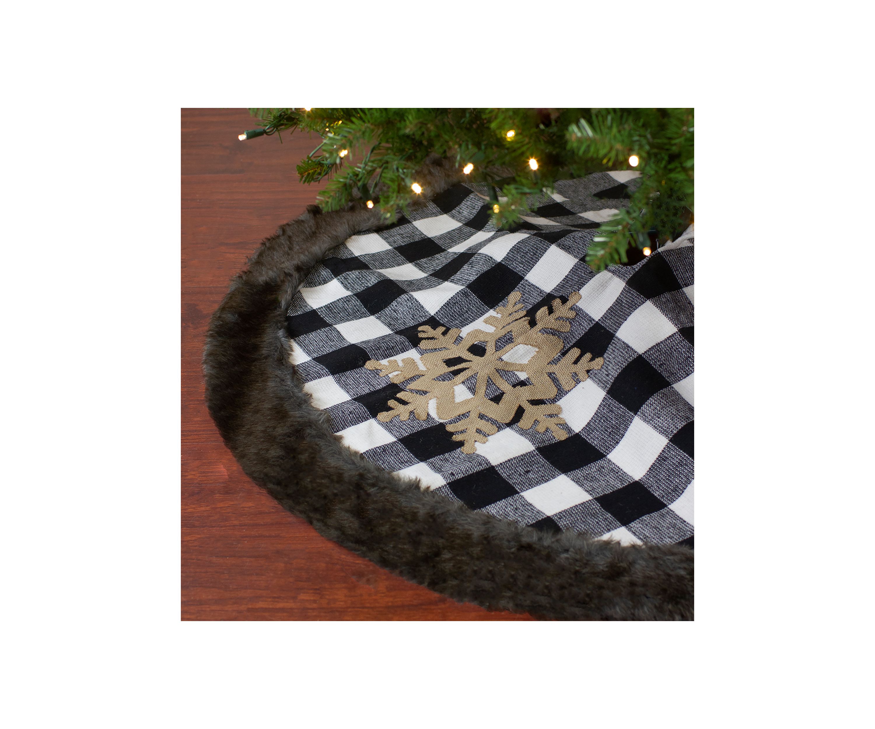 48Inch Black and White Buffalo Plaid Christmas Tree Skirt with Burlap Snowflake