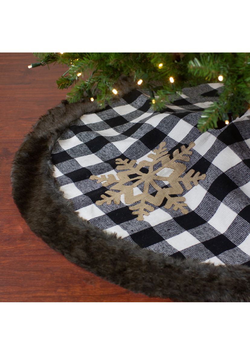 48Inch Black and White Buffalo Plaid Christmas Tree Skirt with Burlap Snowflake