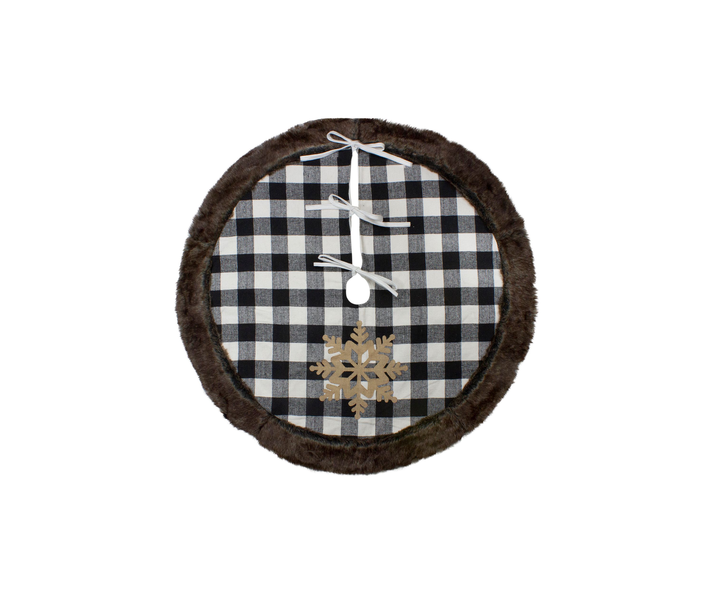 48Inch Black and White Buffalo Plaid Christmas Tree Skirt with Burlap Snowflake