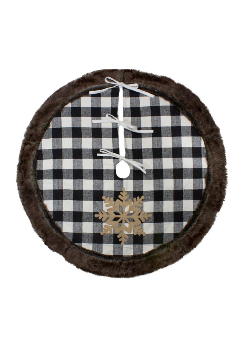 48Inch Black and White Buffalo Plaid Christmas Tree Skirt with Burlap Snowflake