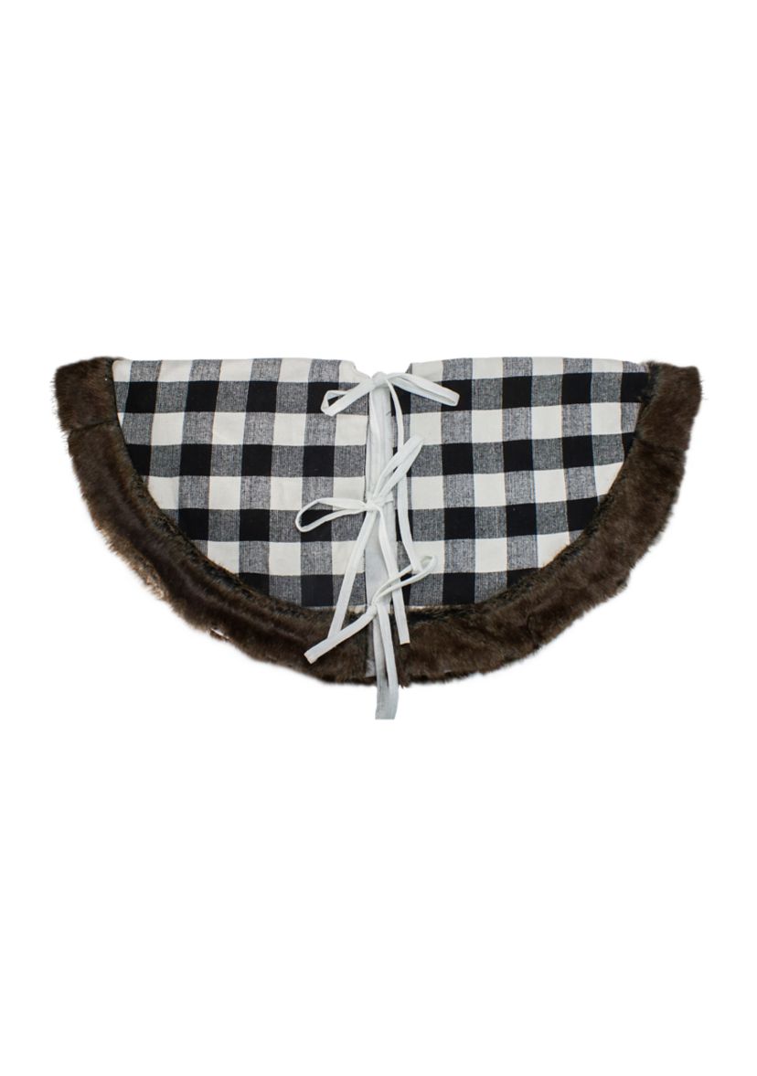 48Inch Black and White Buffalo Plaid Christmas Tree Skirt with Burlap Snowflake