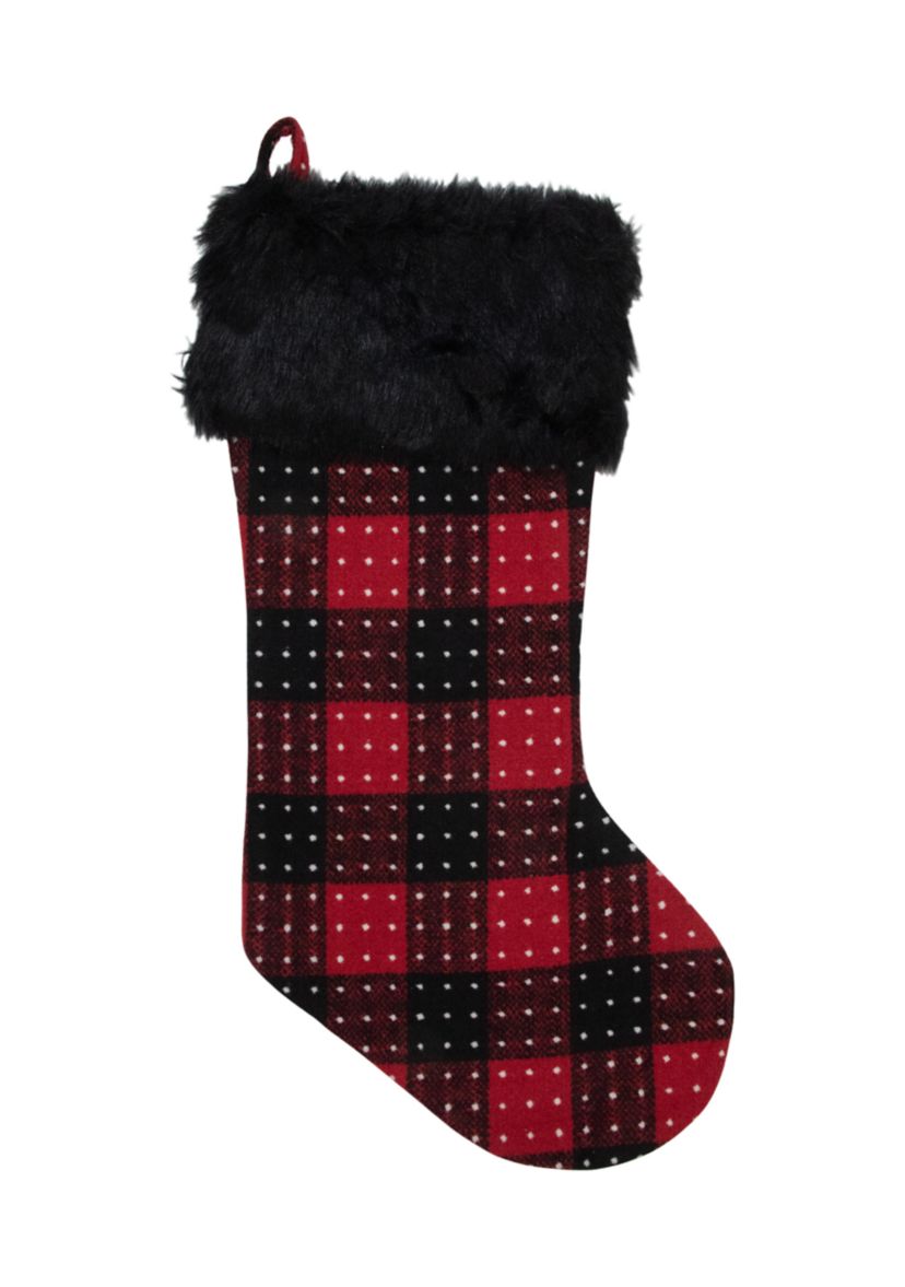 21.5Inch Red and Black Plaid with Dots and Faux Fur Cuff Christmas Stocking