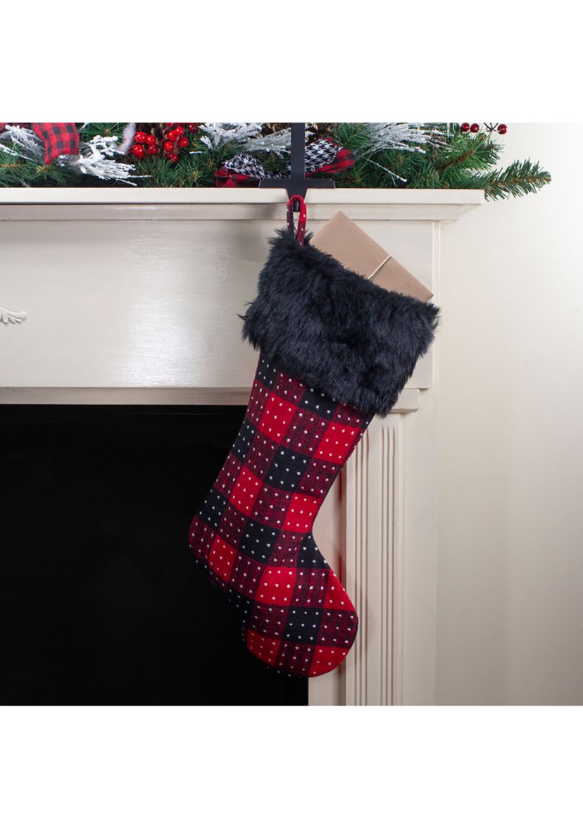 21.5Inch Red and Black Plaid with Dots and Faux Fur Cuff Christmas Stocking