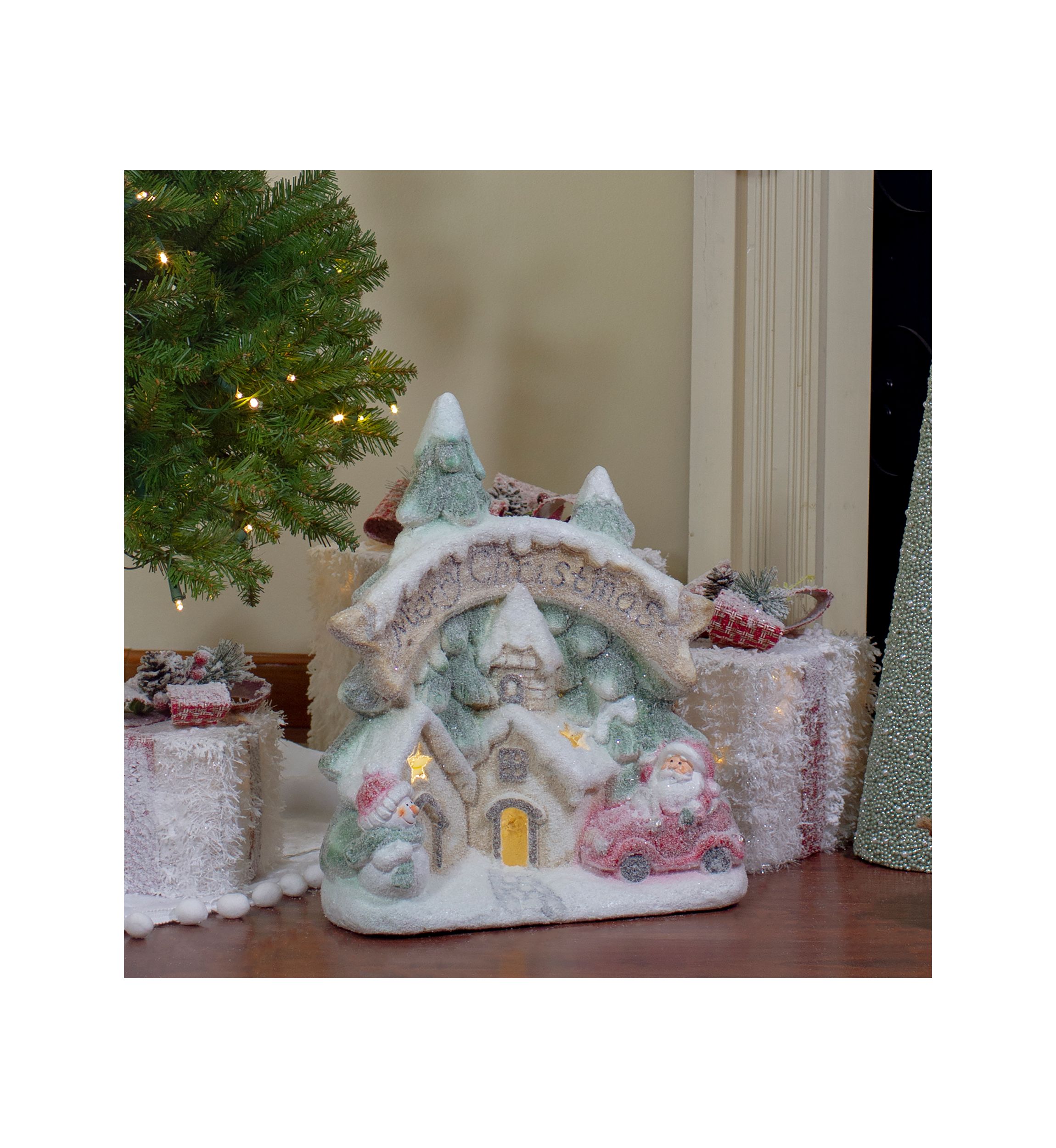 16.5Inch LED Lighted Glittered Snow-Covered Winter Village Christmas Tabletop Decoration