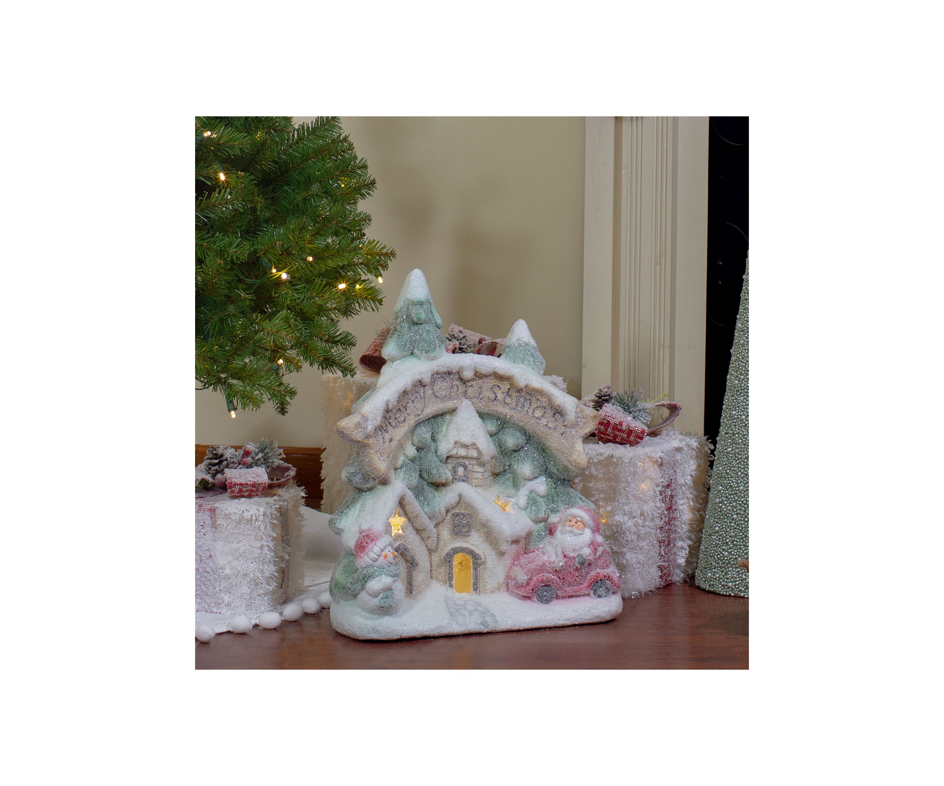 16.5Inch LED Lighted Glittered Snow-Covered Winter Village Christmas Tabletop Decoration