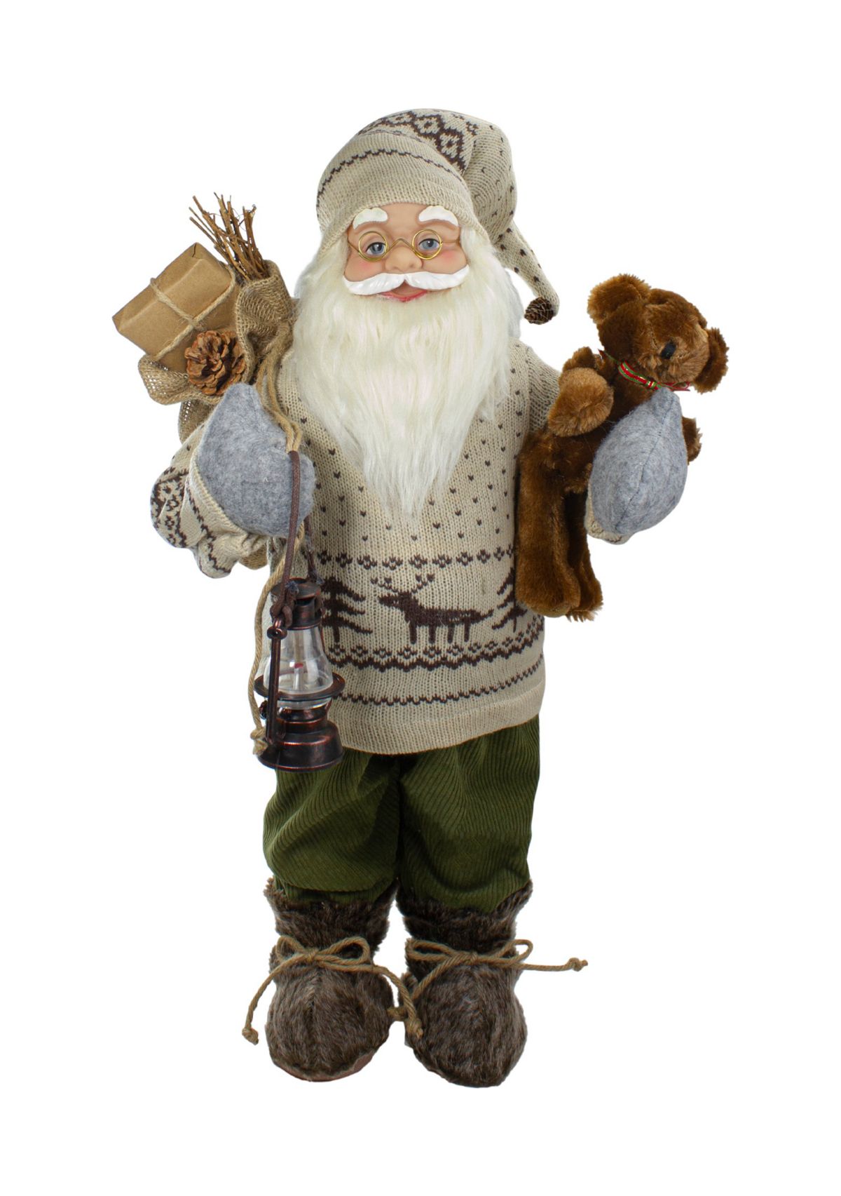 2 Standing Santa Christmas Figure with a Plush Bear and Lantern