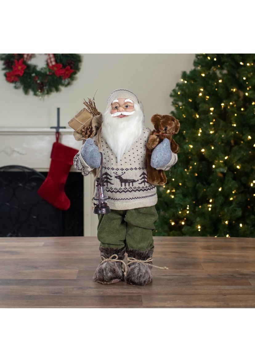 2 Standing Santa Christmas Figure with a Plush Bear and Lantern