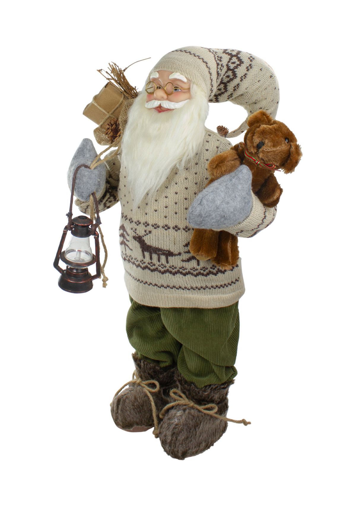 2 Standing Santa Christmas Figure with a Plush Bear and Lantern