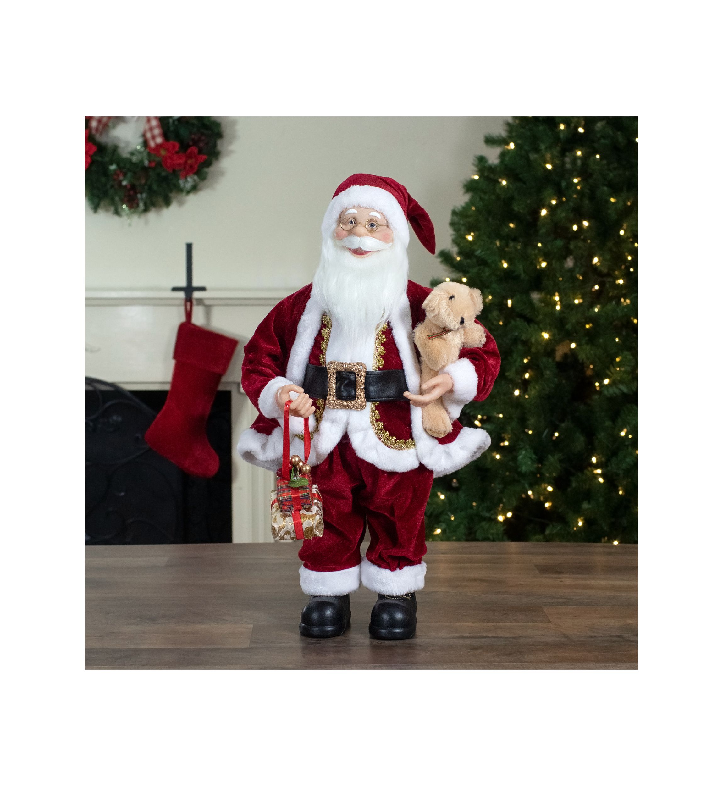 2 Traditional Santa Christmas Figure with a Plush Brown Bear
