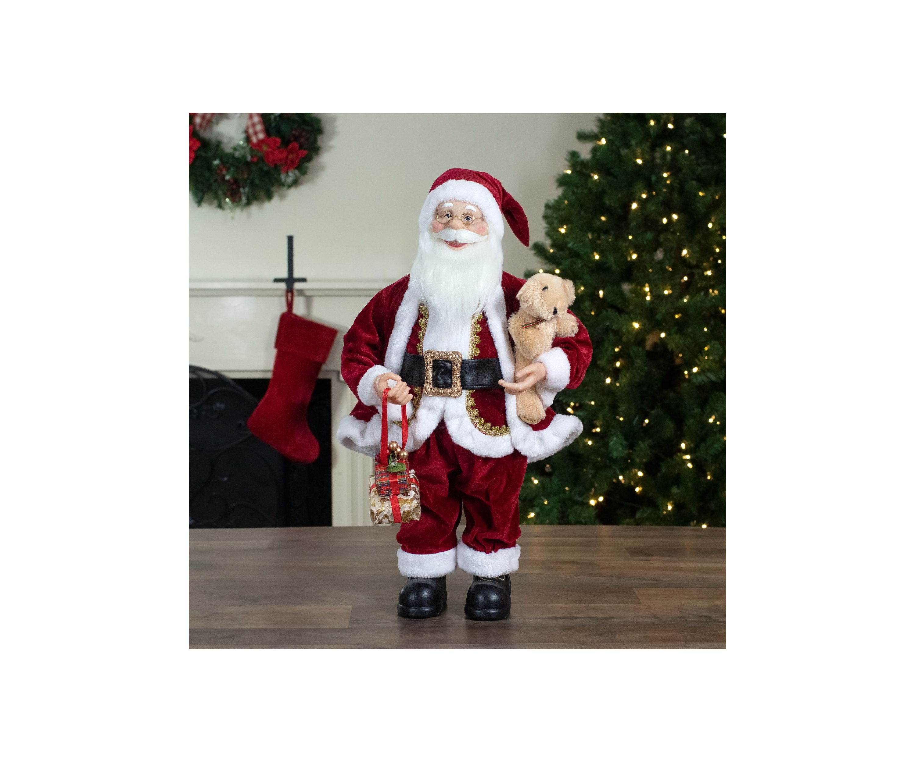 2 Traditional Santa Christmas Figure with a Plush Brown Bear