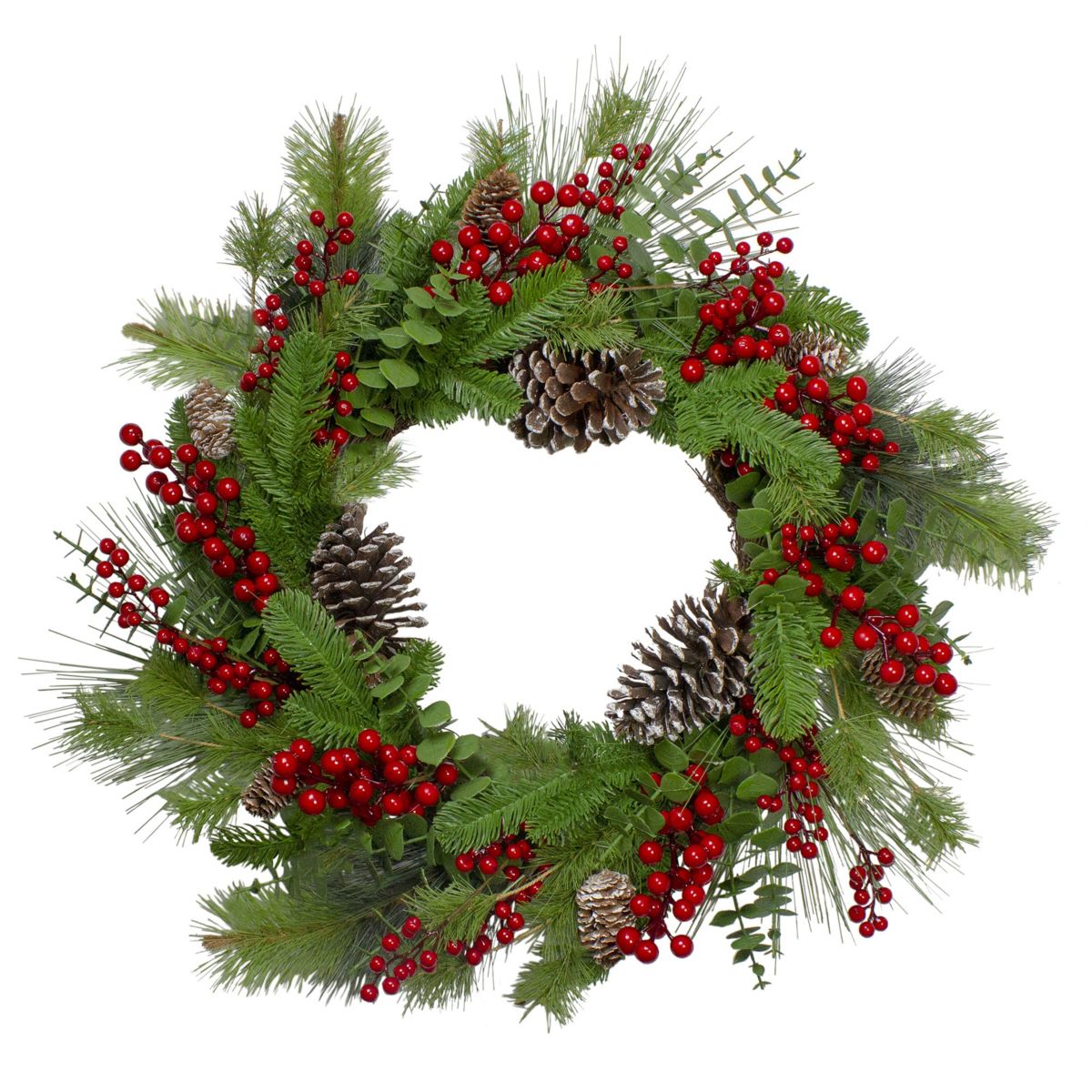 Holly Berries and Snowy Pinecones Artificial Christmas Wreath - 24-Inch Unlit
