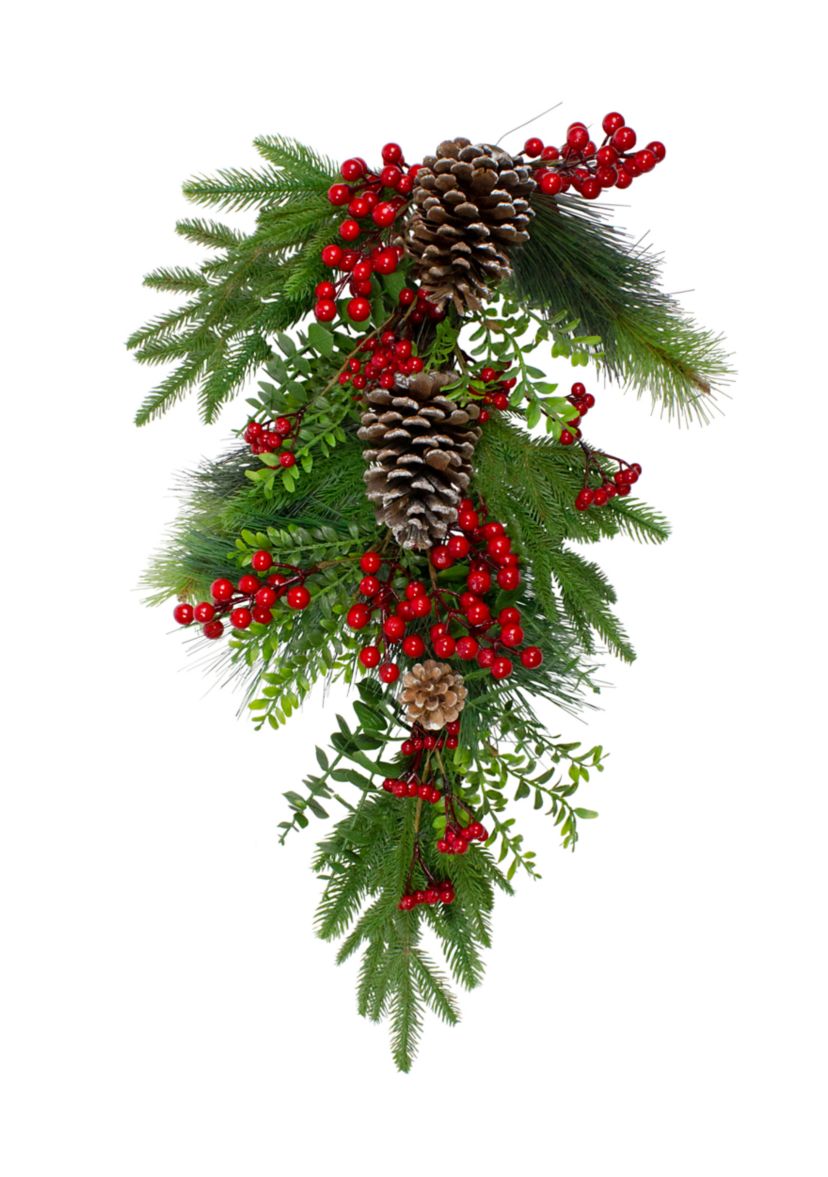 28Inch Berry Pine and Eucalyptus Artificial Teardrop Christmas Swag - Unlit