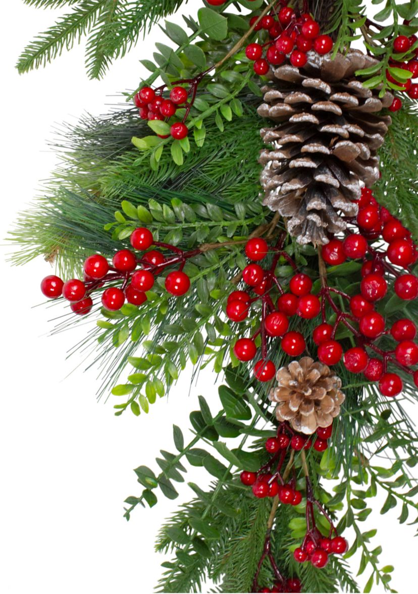 28Inch Berry Pine and Eucalyptus Artificial Teardrop Christmas Swag - Unlit