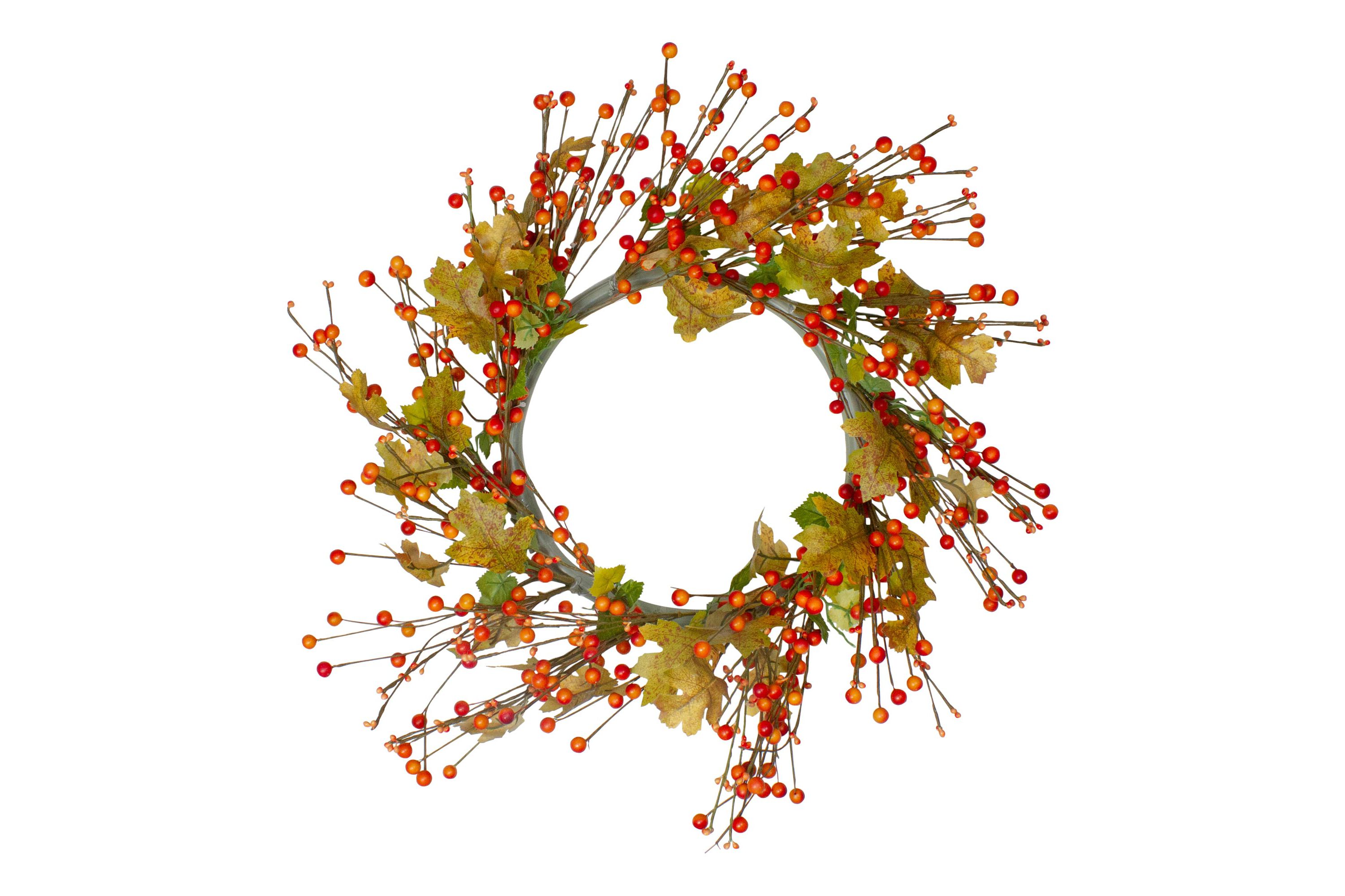 Orange Berries and Yellow Leaves Fall Harvest Artificial Wreath 22inch