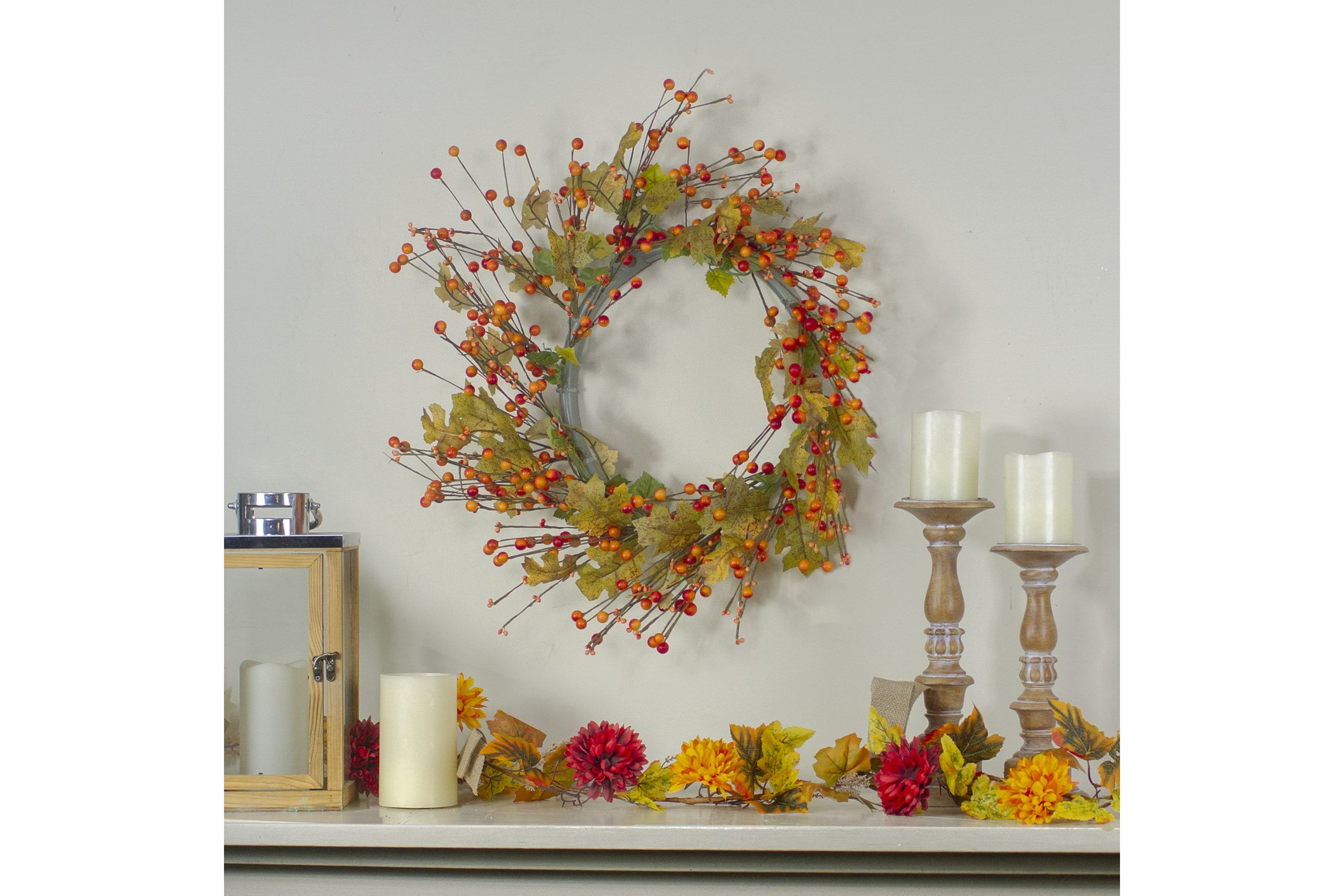 Orange Berries and Yellow Leaves Fall Harvest Artificial Wreath 22inch