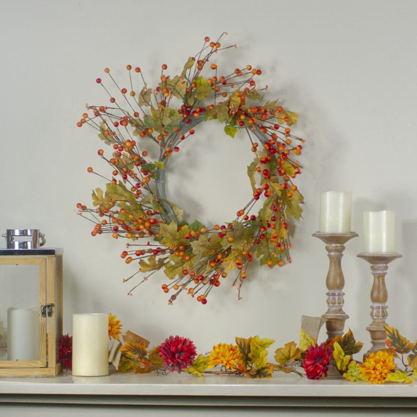 Orange Berries and Yellow Leaves Fall Harvest Artificial Wreath 22inch