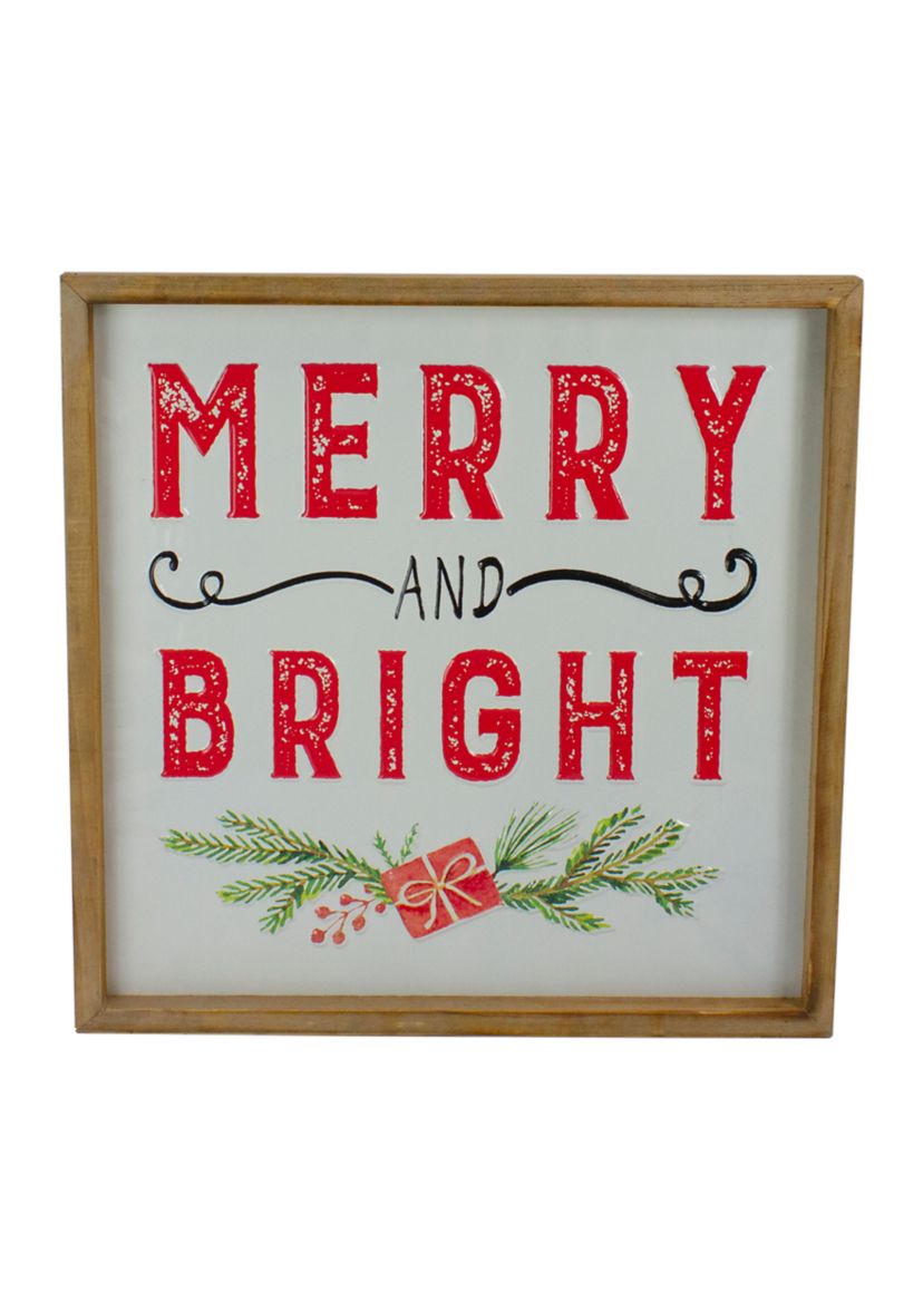 16Inch Wooden Framed InchMerry And BrightInch Metal Christmas Sign