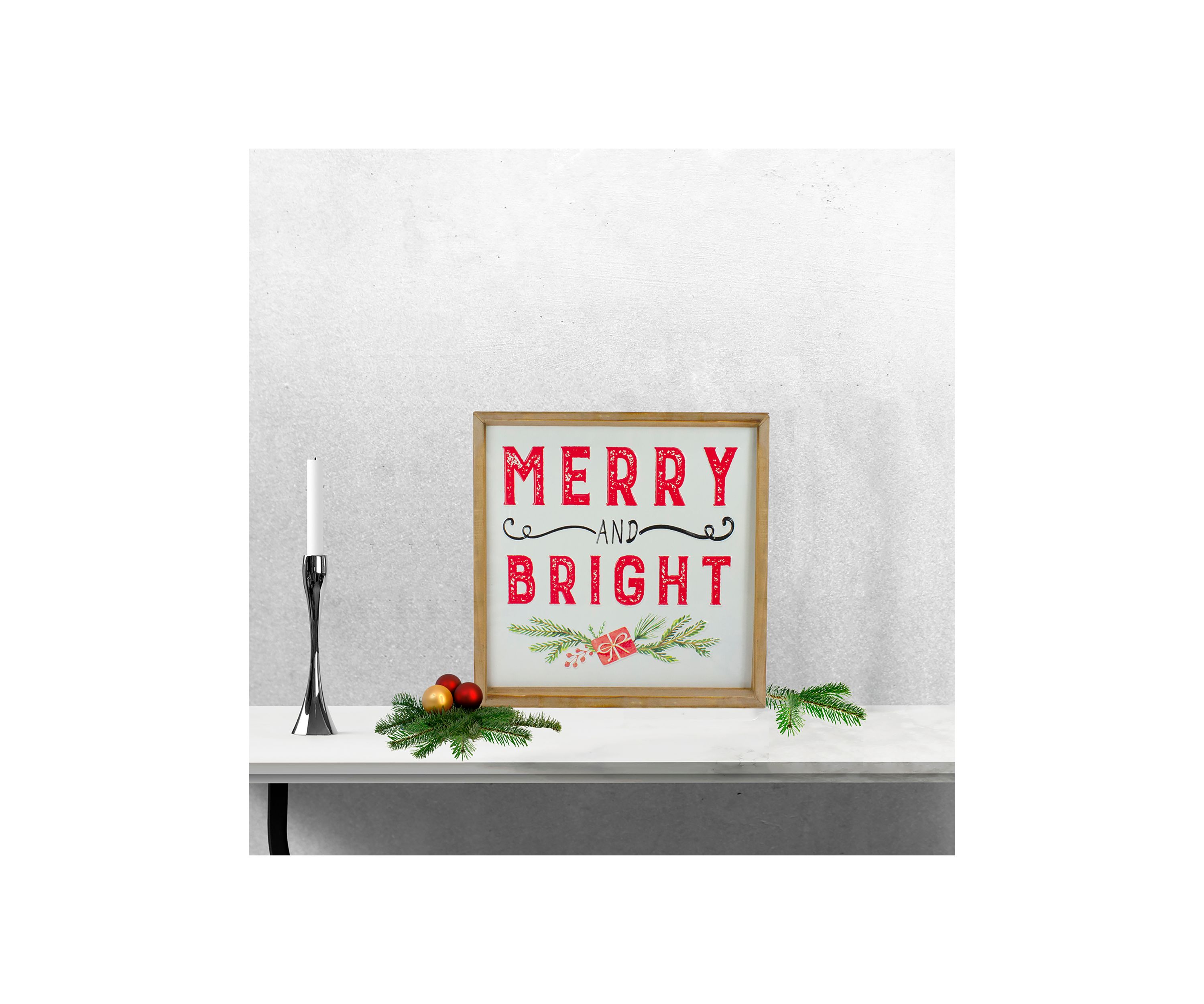 16Inch Wooden Framed InchMerry And BrightInch Metal Christmas Sign