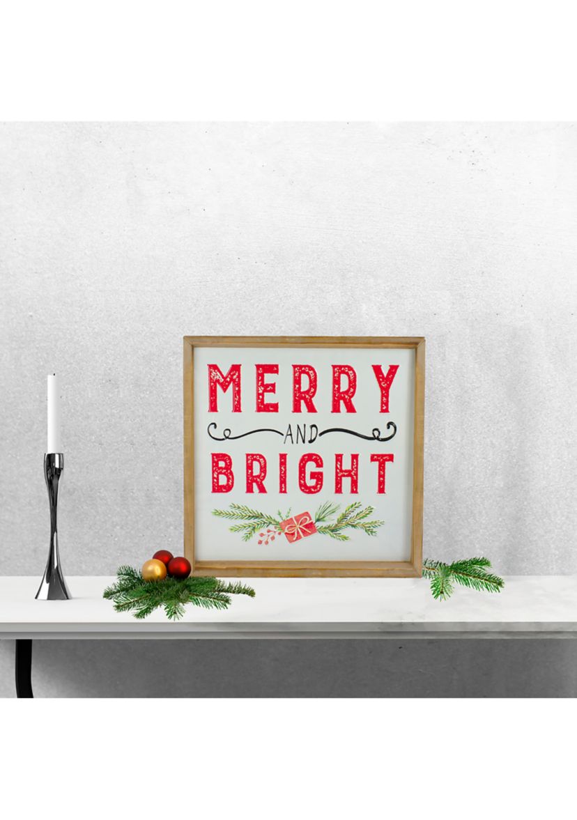16Inch Wooden Framed InchMerry And BrightInch Metal Christmas Sign