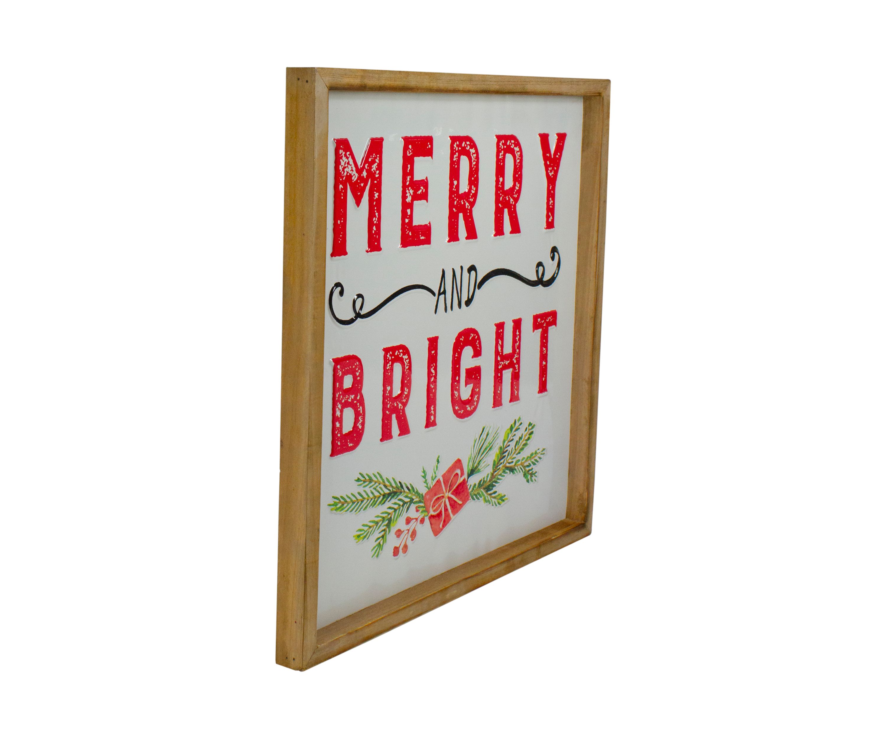 16Inch Wooden Framed InchMerry And BrightInch Metal Christmas Sign