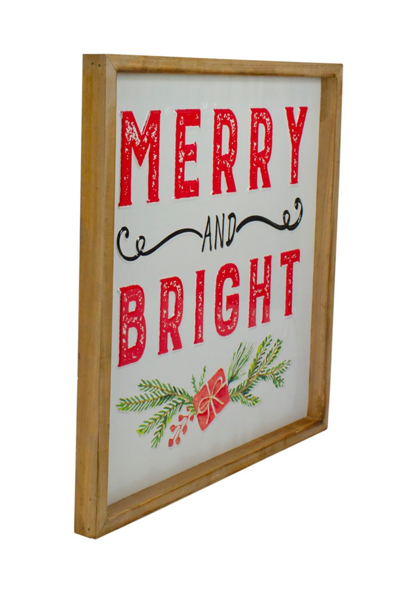 16Inch Wooden Framed InchMerry And BrightInch Metal Christmas Sign