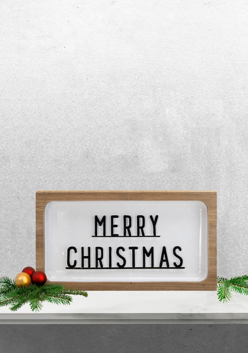 13Inch White and Brown InchMerry ChristmasInch 3D Wooden Christmas Wall or Tabletop Decor