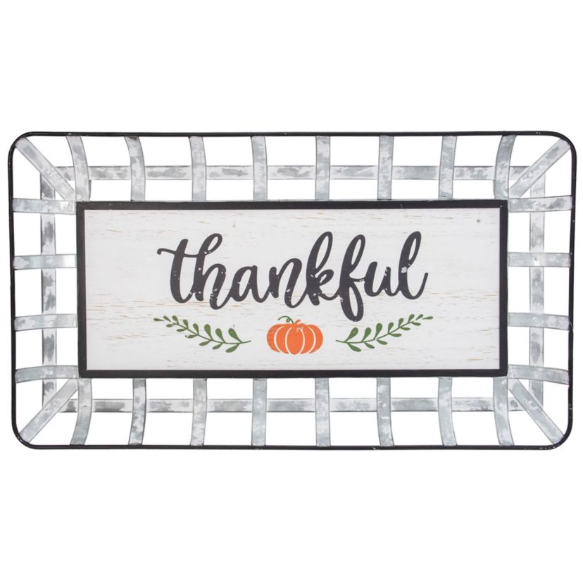 24inch Silver and White With a Pumpkin "Thankful" Rectangular Fall Serving Tray Sign