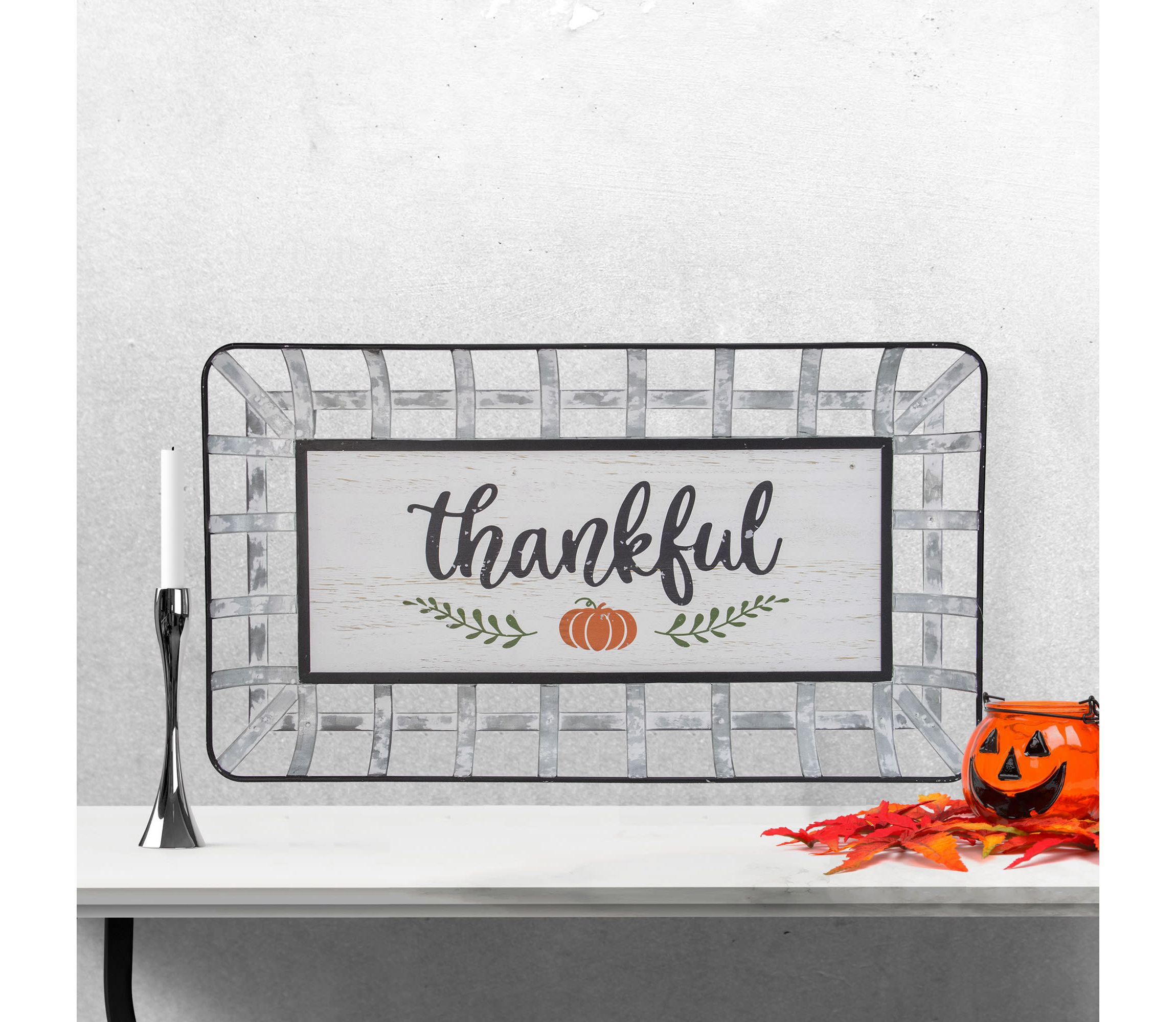 24inch Silver and White With a Pumpkin "Thankful" Rectangular Fall Serving Tray Sign