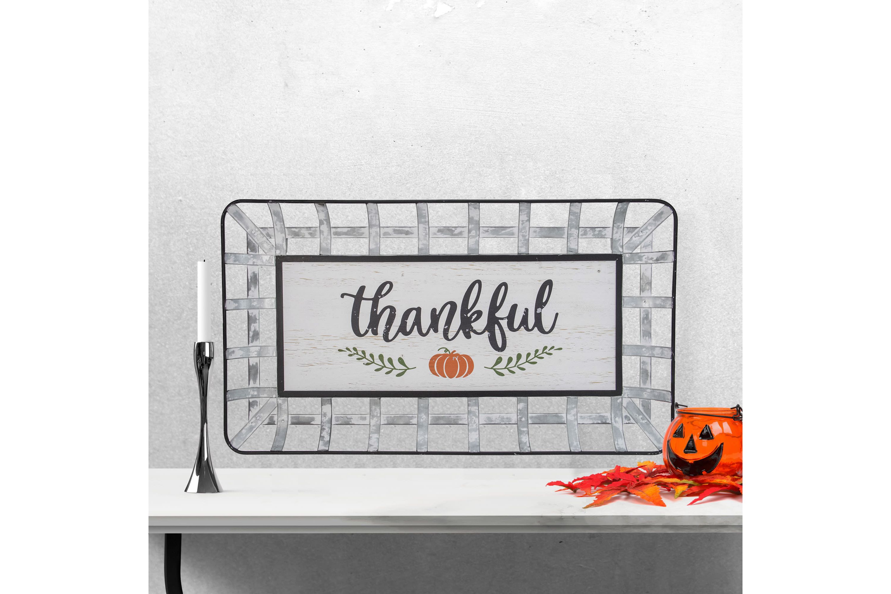 24inch Silver and White With a Pumpkin "Thankful" Rectangular Fall Serving Tray Sign
