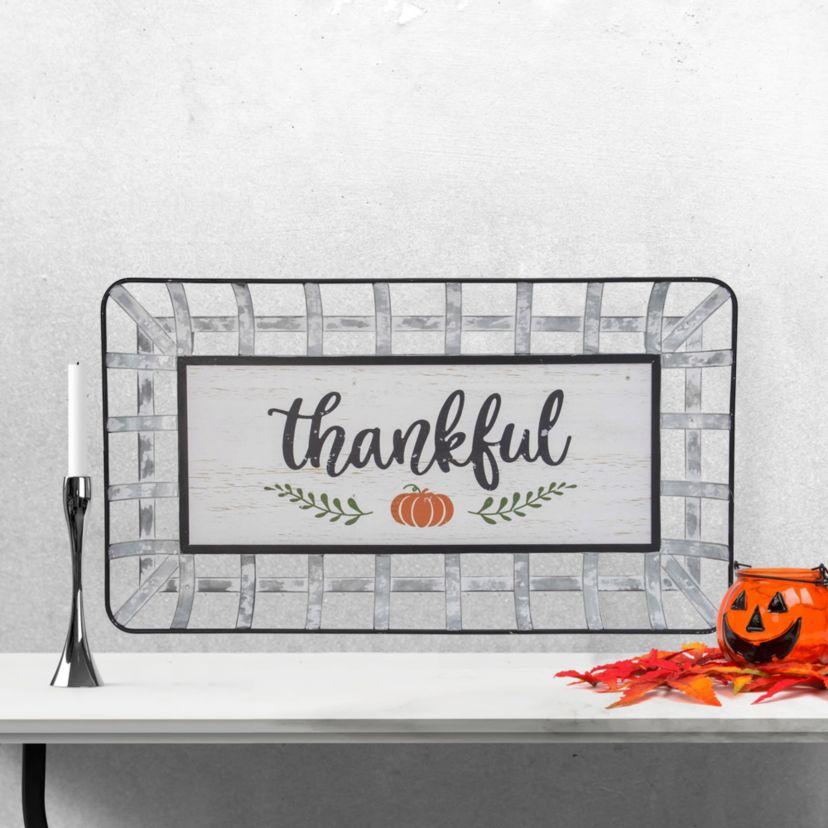 24inch Silver and White With a Pumpkin "Thankful" Rectangular Fall Serving Tray Sign