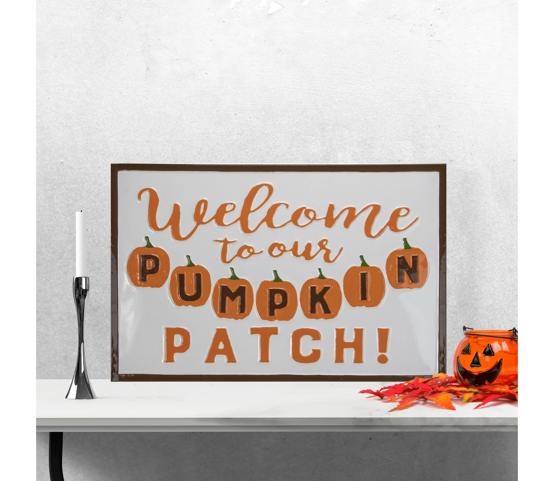 20.25" Orange and White "Welcome To Our Pumpkin Patch!" Autumn Metal Wall Decor