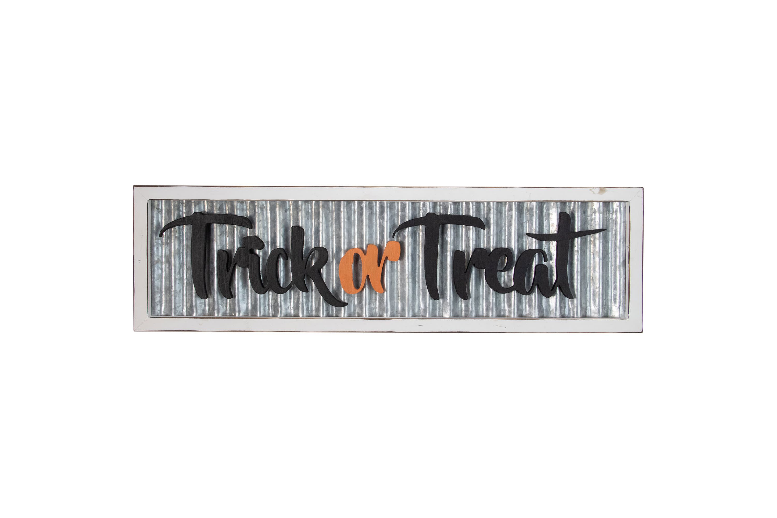 Wood Framed with Distressed Metal "Trick or Treat" Halloween Wall Sign - 27.5"