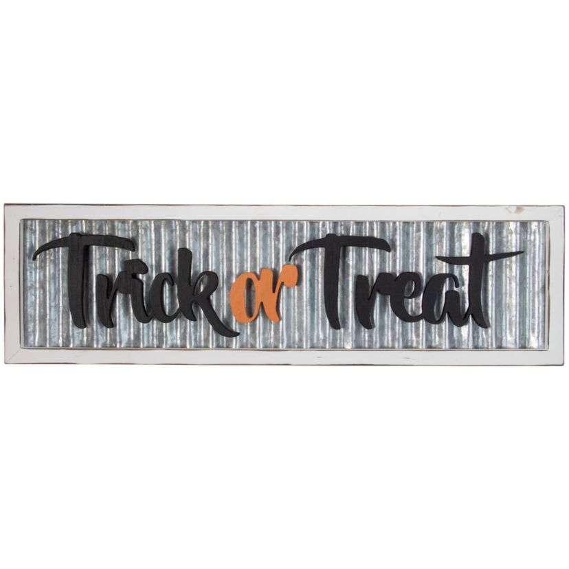 Wood Framed with Distressed Metal "Trick or Treat" Halloween Wall Sign - 27.5"