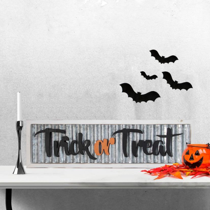 Wood Framed with Distressed Metal "Trick or Treat" Halloween Wall Sign - 27.5"