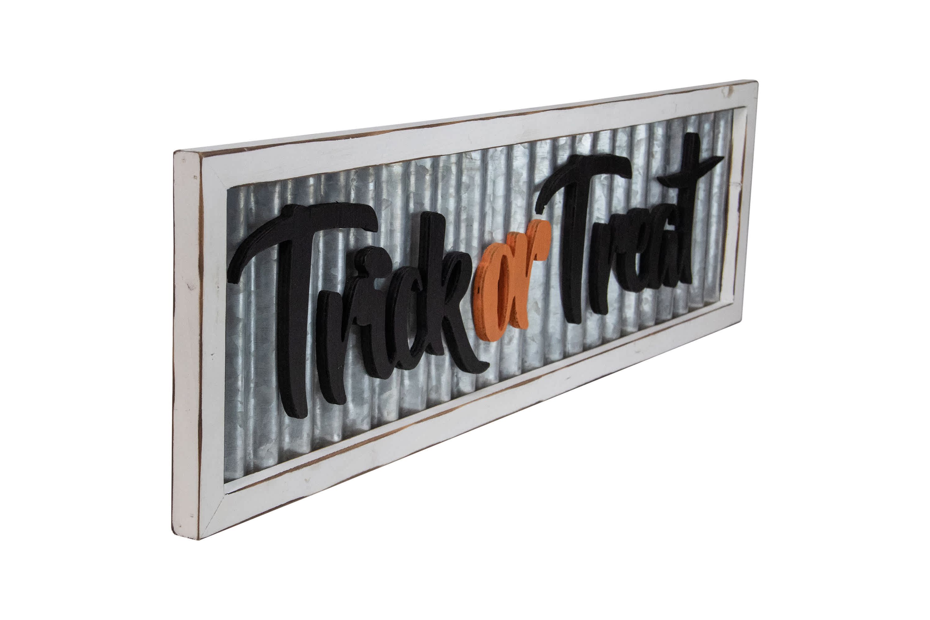 Wood Framed with Distressed Metal "Trick or Treat" Halloween Wall Sign - 27.5"