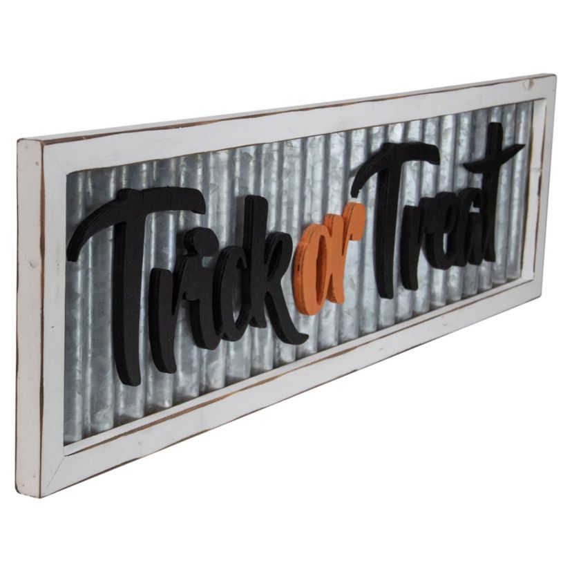 Wood Framed with Distressed Metal "Trick or Treat" Halloween Wall Sign - 27.5"