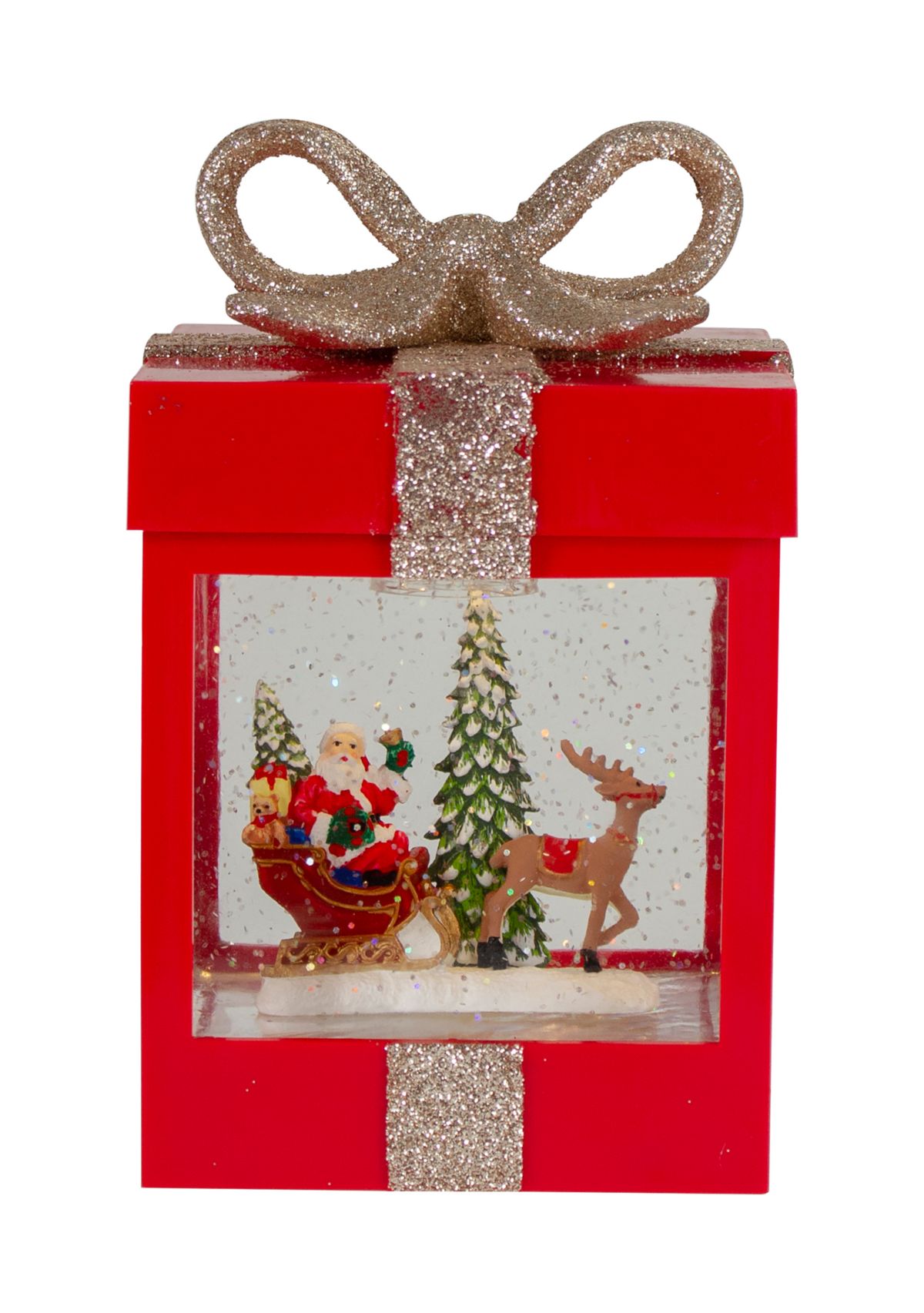 7Inch Lighted Red Gift Box Christmas Snow Globe with Santa and Reindeer