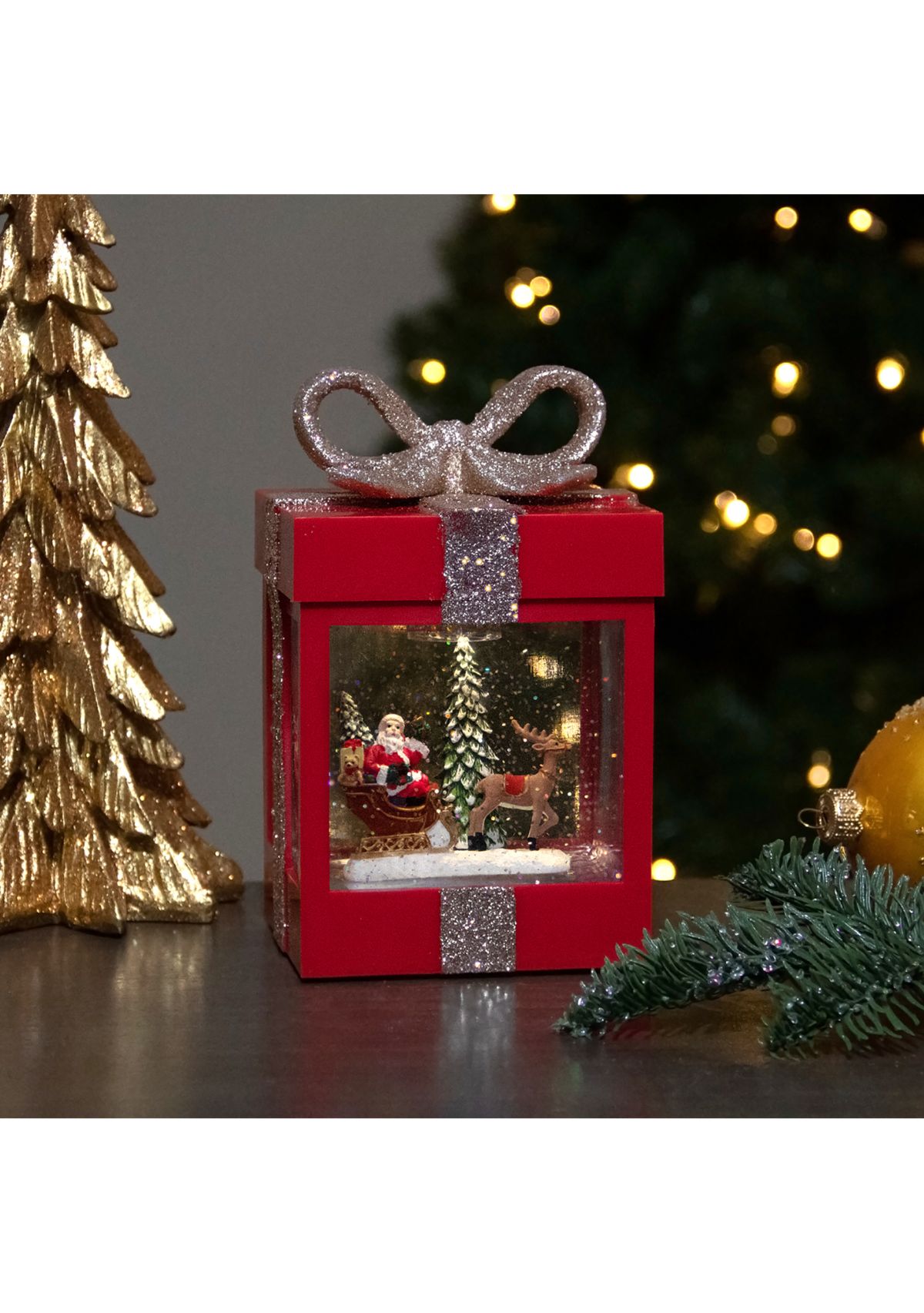 7Inch Lighted Red Gift Box Christmas Snow Globe with Santa and Reindeer
