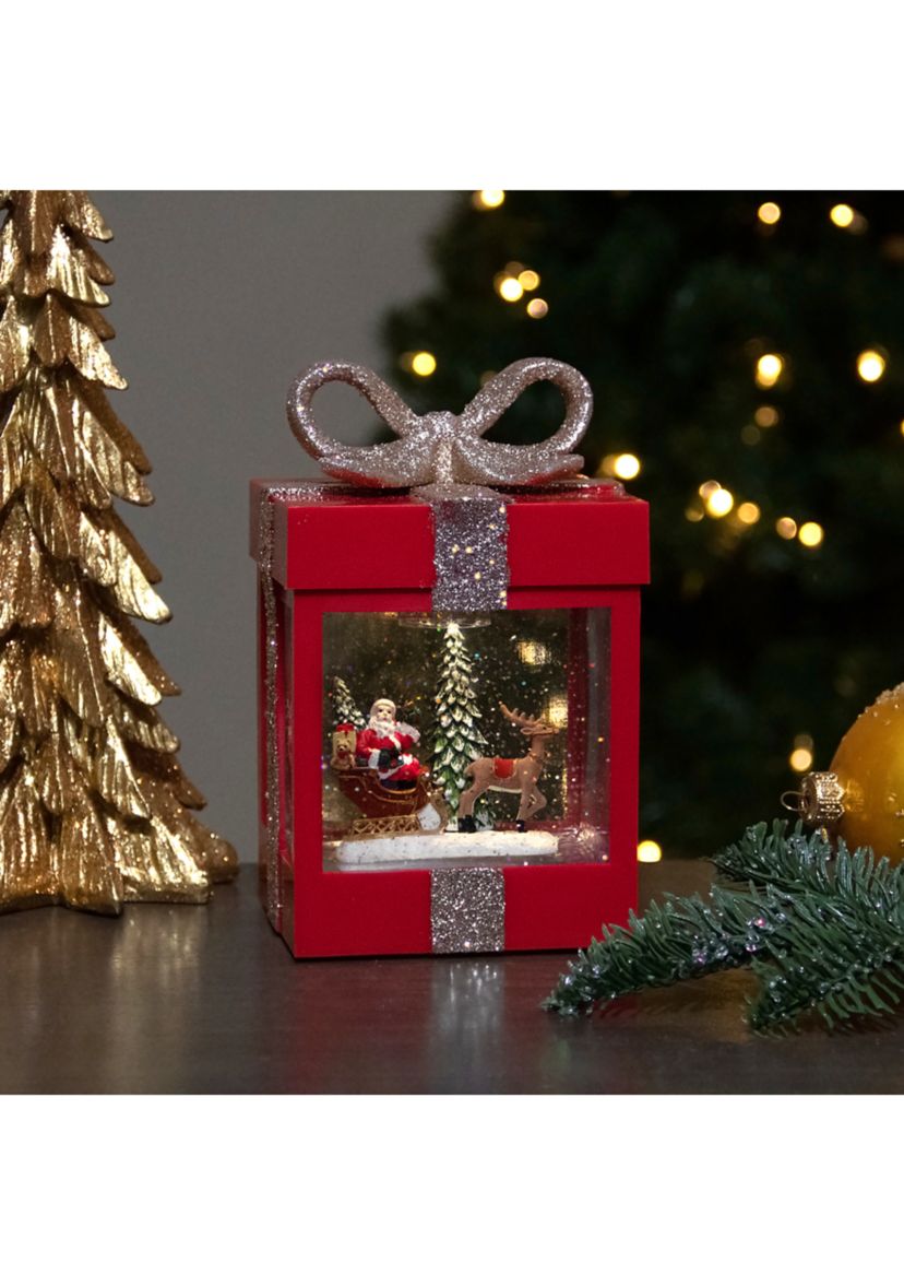 7Inch Lighted Red Gift Box Christmas Snow Globe with Santa and Reindeer