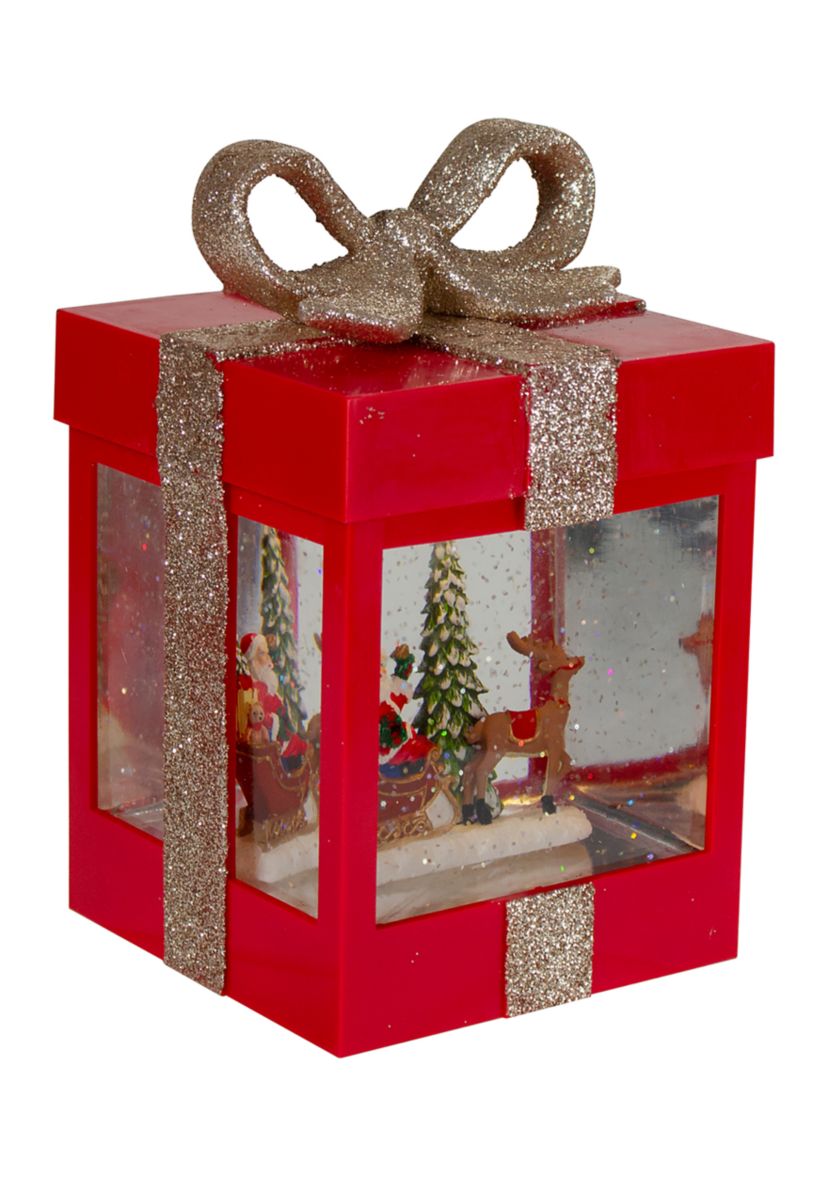 7Inch Lighted Red Gift Box Christmas Snow Globe with Santa and Reindeer