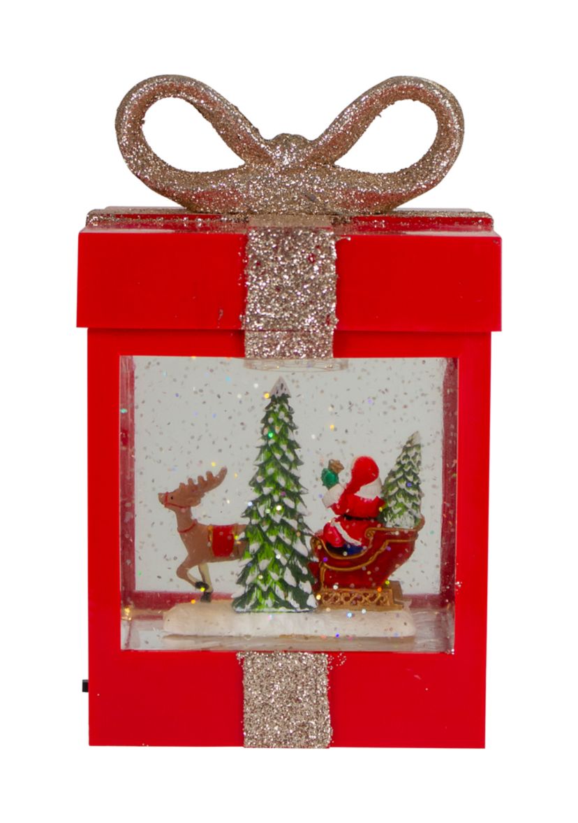 7Inch Lighted Red Gift Box Christmas Snow Globe with Santa and Reindeer