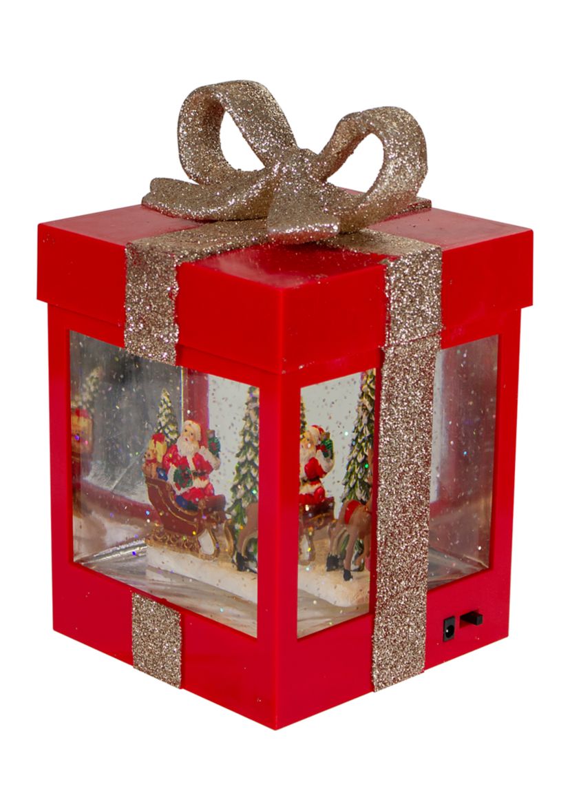 7Inch Lighted Red Gift Box Christmas Snow Globe with Santa and Reindeer