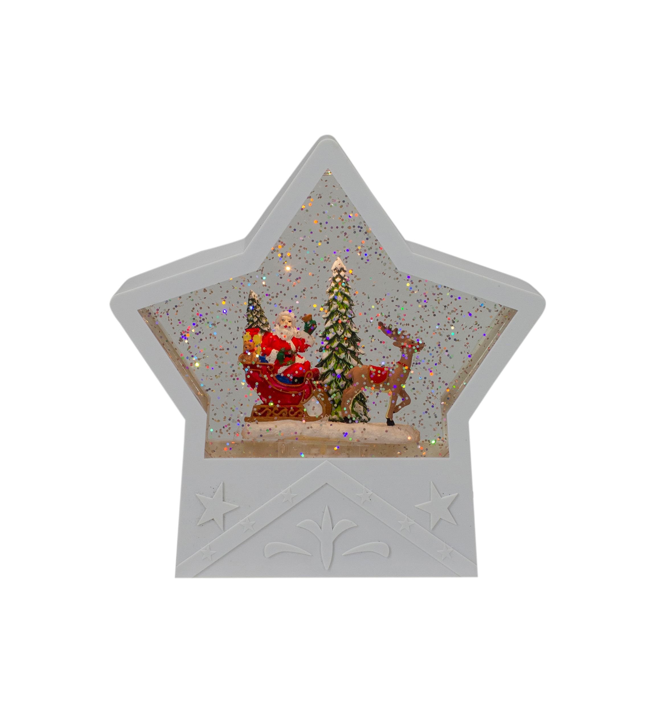 7Inch Lighted White Star Christmas Snow Globe with Santa in Sleigh